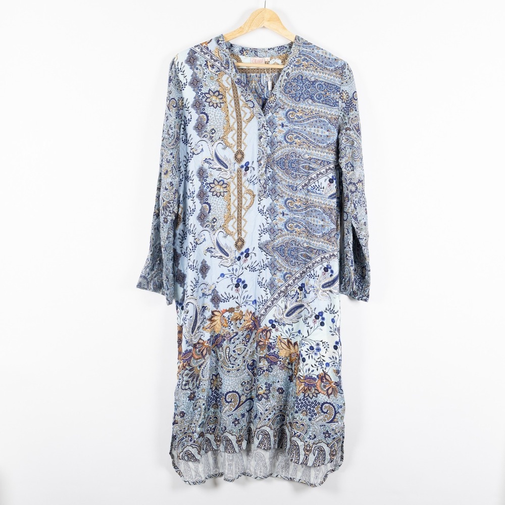 Cienna Dress Womens Small Blue Paisley‎ Floral Boho Tunic Long Sleeve Viscose